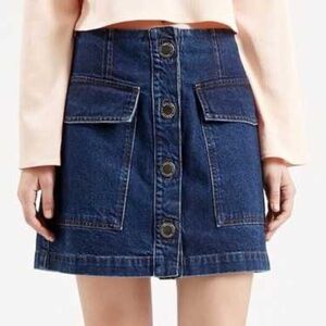 Topshop Retro 80s Denim Button Up Flare Aline Mini Skirt Size 30